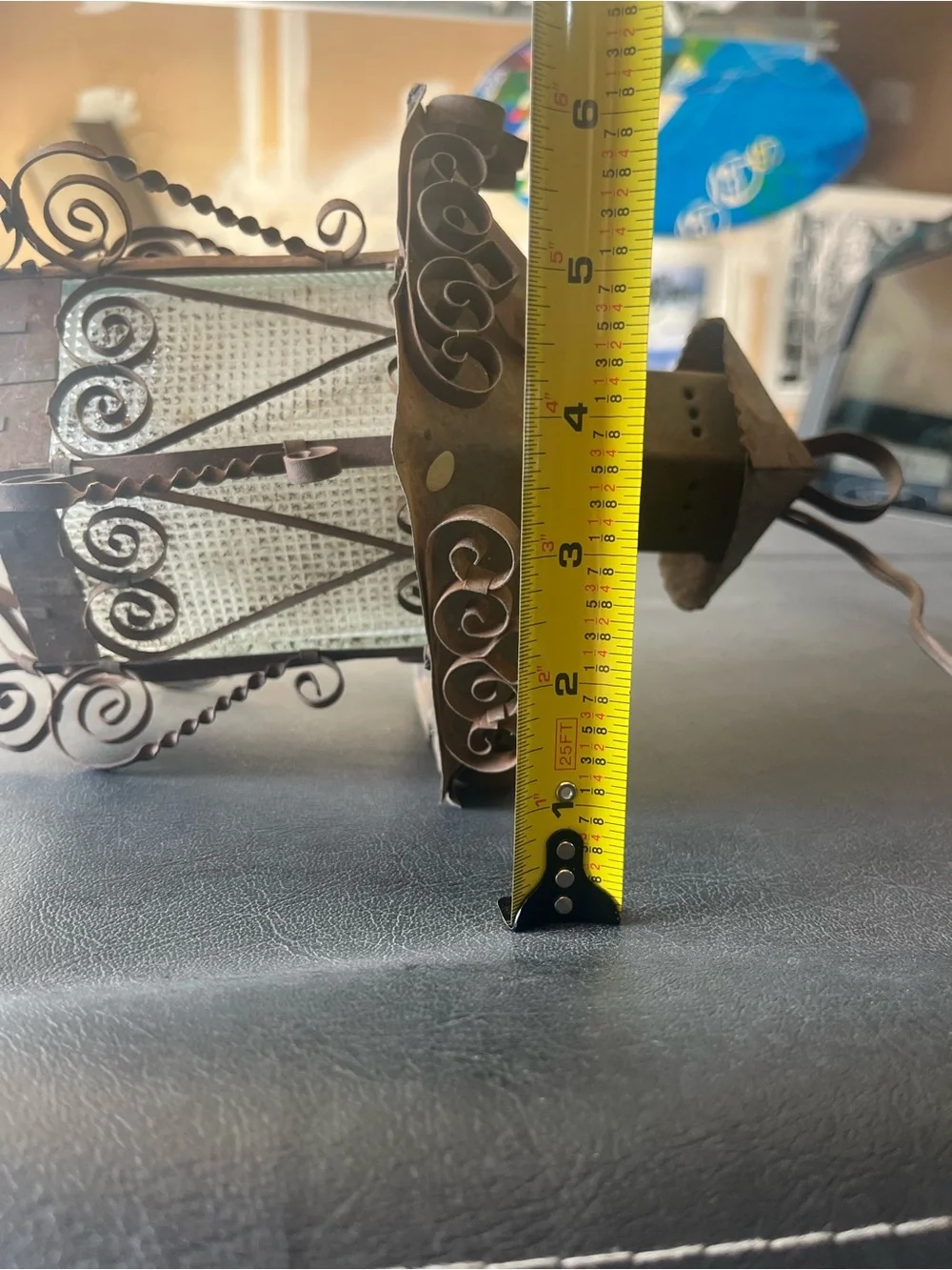 Vintage Spanish Revival Wrought Iron Outdoor Lantern Wall‎ Bracket Scroll Glass